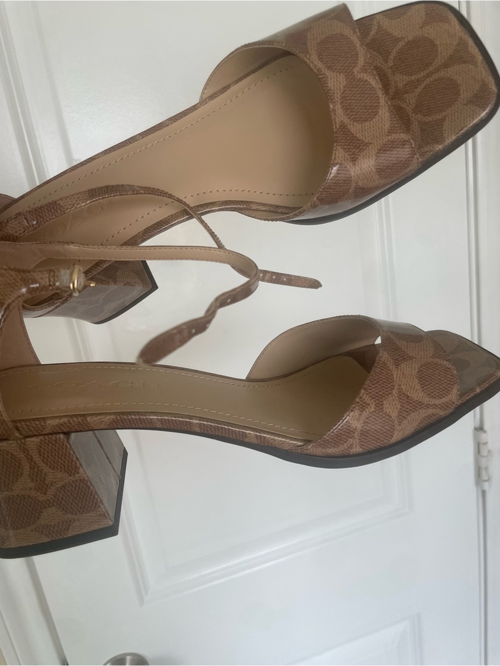 Coach Brown Signature Block Heel Sandal with Ankle Strap Patent - Picture 7 of 9